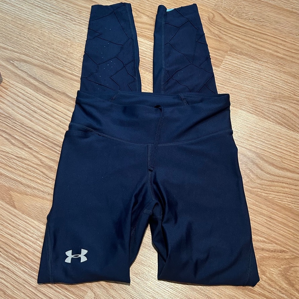 Under Armour HeatGear Compression Leggings Navy Blue Laser Cut‎ Detail Womens XS